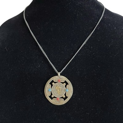 Vintage Tibetan Filigree Pendant Necklace Coral Turquoise Inlays 20 Hook 69$